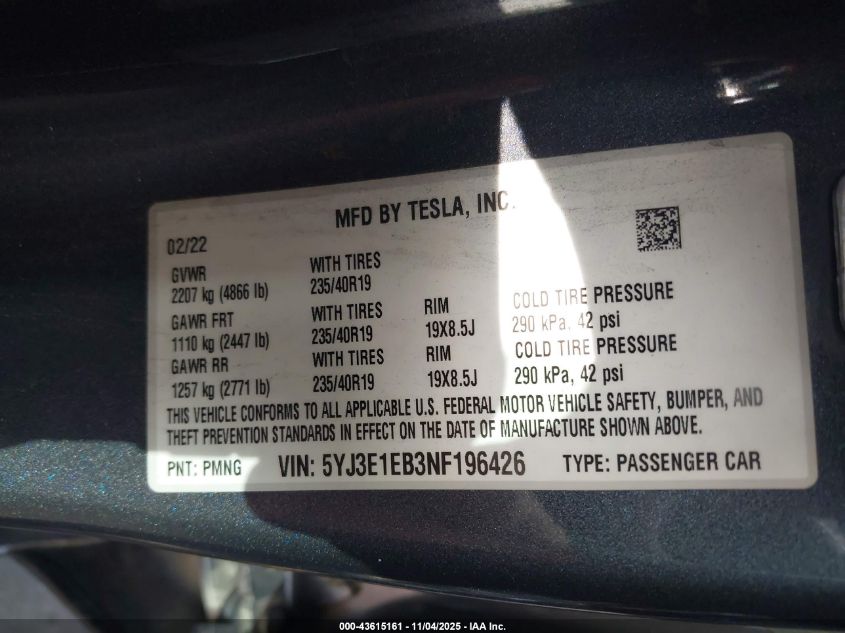 2022 Tesla Model 3 Long Range Dual Motor All-Wheel Drive VIN: 5YJ3E1EB3NF196426 Lot: 43615161