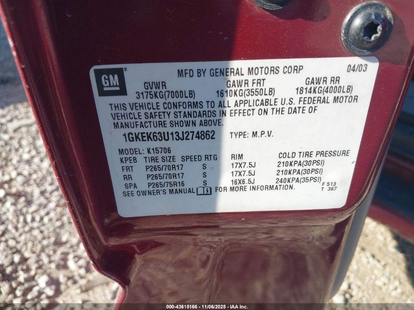 2003 GMC Yukon Denali VIN: 1GKEK63U13J274862 Lot: 43615166