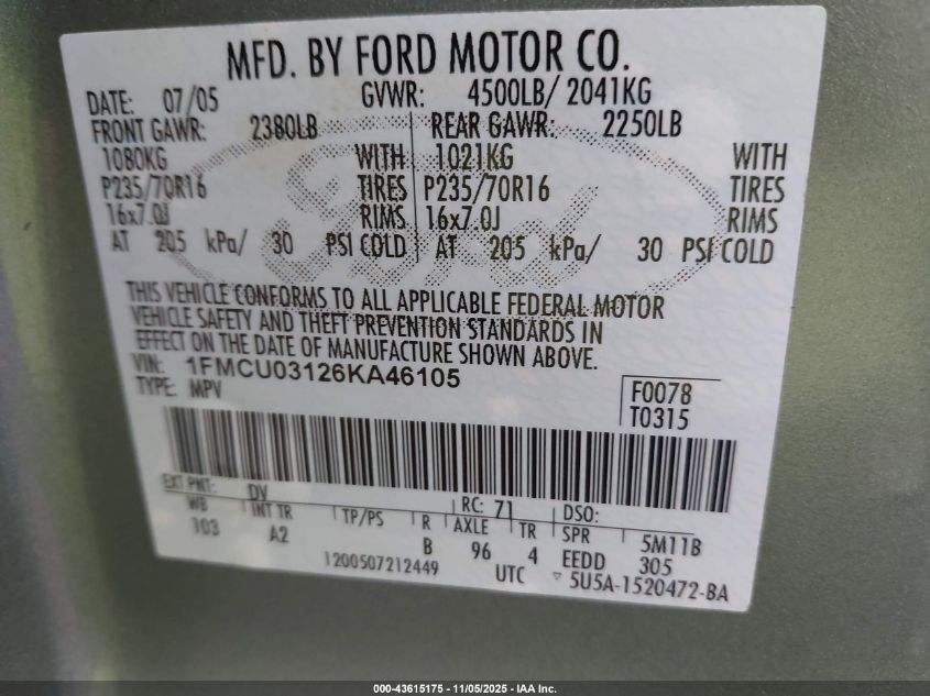 2006 Ford Escape Xlt/Xlt Sport VIN: 1FMCU03126KA46105 Lot: 43615175