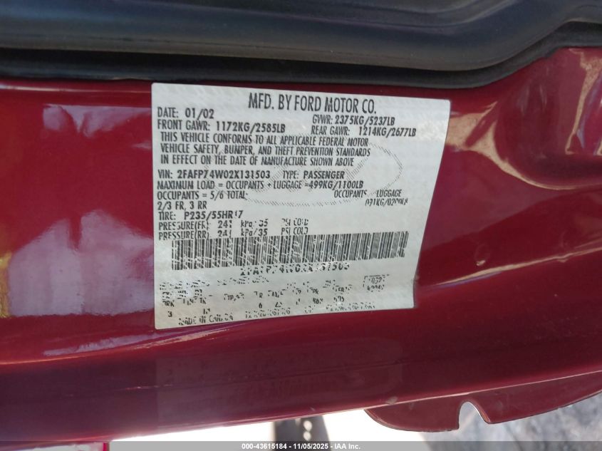 2002 Ford Crown Victoria Lx VIN: 2FAFP74W02X131503 Lot: 43615184