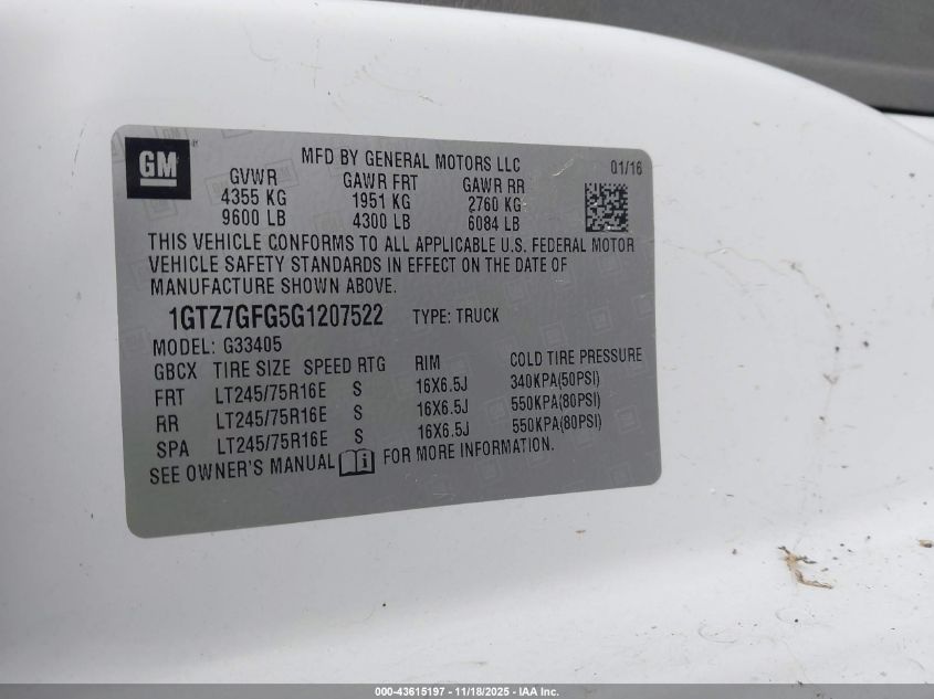 2016 GMC Savana 3500 Work Van VIN: 1GTZ7GFG5G1207522 Lot: 43615197