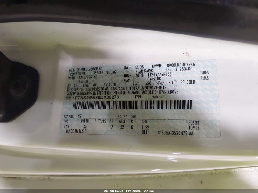 2009 Ford E-250 Commercial/Recreational VIN: 1FTNS24W39DA38273 Lot: 43615222