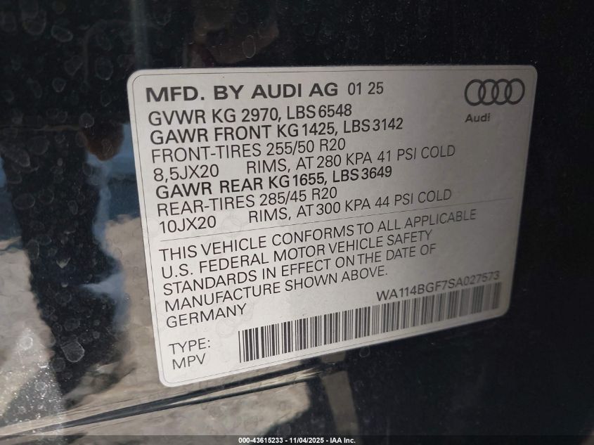 2025 Audi Q6 E-Tron Premium Quattro VIN: WA114BGF7SA027573 Lot: 43615233