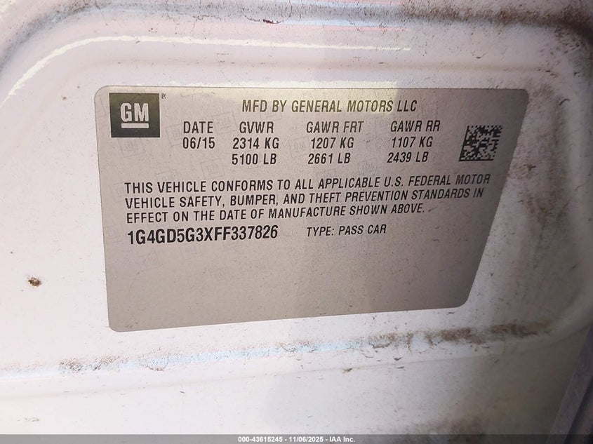 2015 BUICK LACROSSE PREMIUM I 1G4GD5G3XFF337826