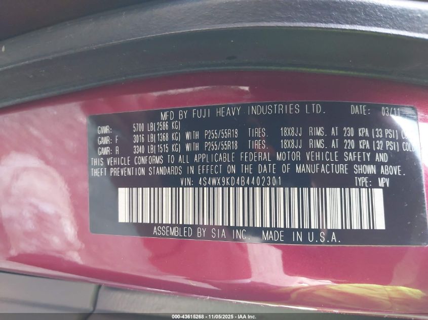 2011 Subaru Tribeca 3.6R Limited VIN: 4S4WX9KD4B4402301 Lot: 43615268