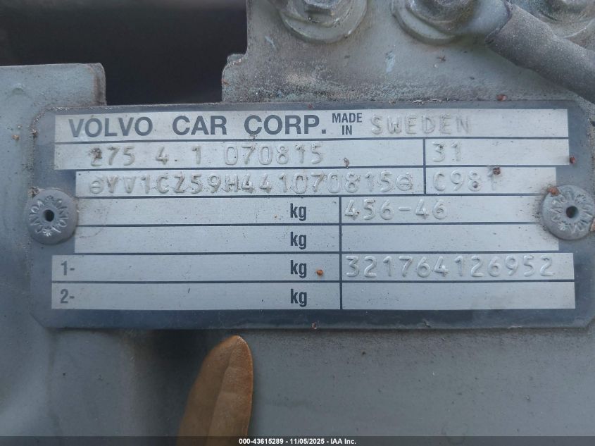 2004 Volvo Xc90 2.5T Awd VIN: YV1CZ59H441070815 Lot: 43615289