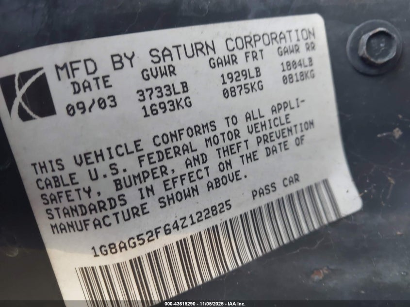 2004 Saturn Ion 1 VIN: 1G8AG52F64Z122825 Lot: 43615290