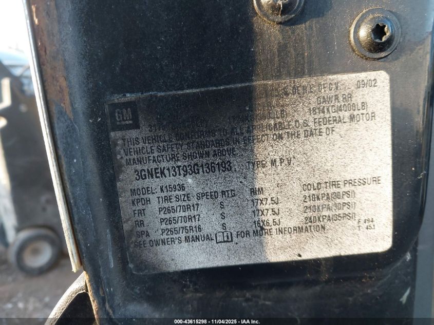 2003 Chevrolet Avalanche 1500 VIN: 3GNEK13T93G136193 Lot: 43615298