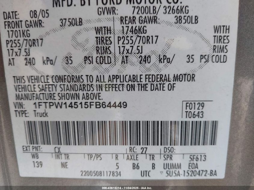 2005 Ford F-150 Fx4/Lariat/Xlt VIN: 1FTPW14515FB64449 Lot: 43615314