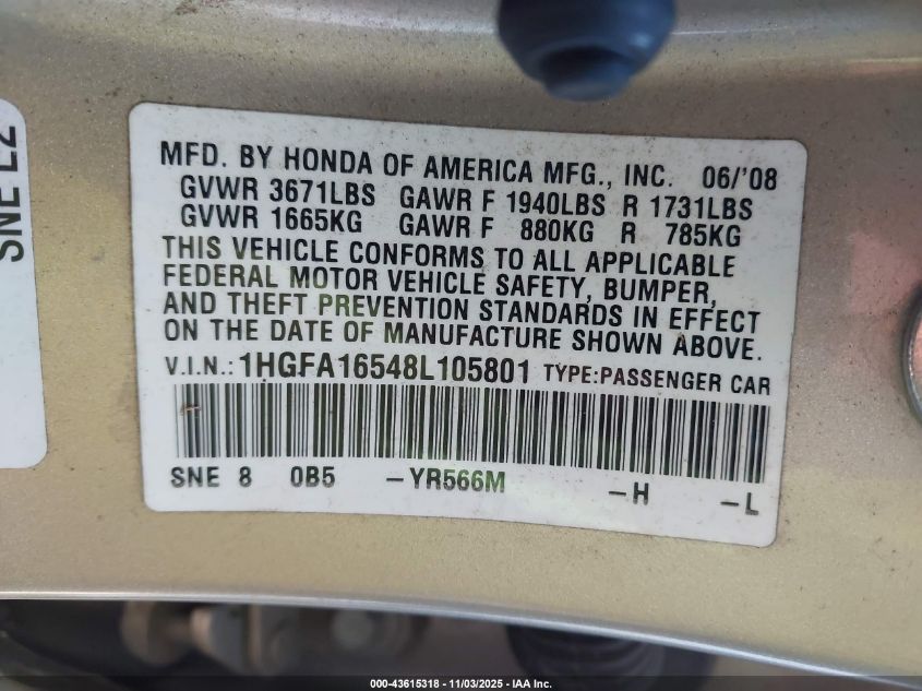2008 Honda Civic Lx VIN: 1HGFA16548L105801 Lot: 43615318
