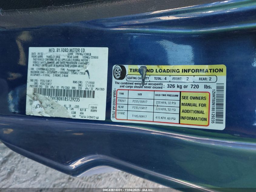 2008 Ford Mustang V6 Deluxe/V6 Premium VIN: 1ZVHT80N185129235 Lot: 43615331