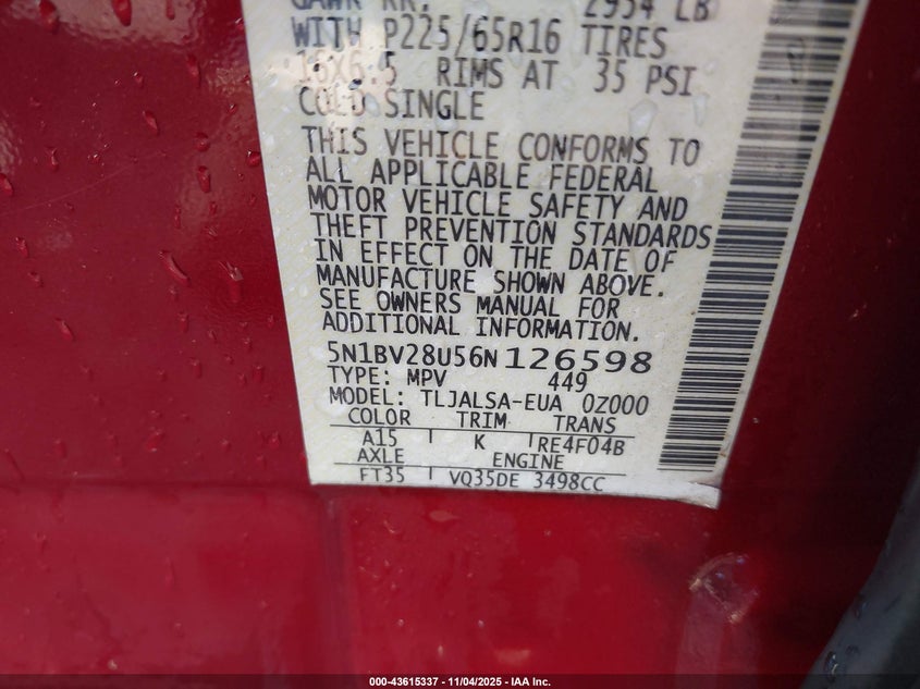 2006 Nissan Quest 3.5 VIN: 5N1BV28U56N126598 Lot: 43615337