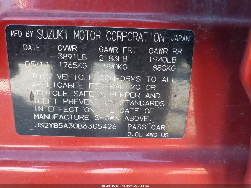 2011 Suzuki Sx4 Premium/Tech Valu Pkg (Nav) VIN: JS2YB5A30B6305426 Lot: 43615367