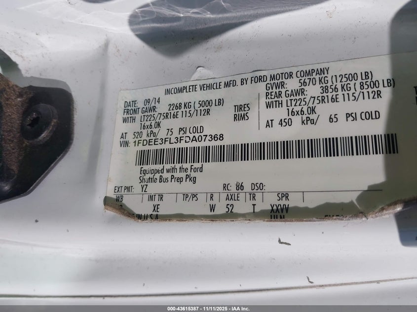 2015 Ford E-350 Cutaway VIN: 1FDEE3FL3FDA07368 Lot: 43615387