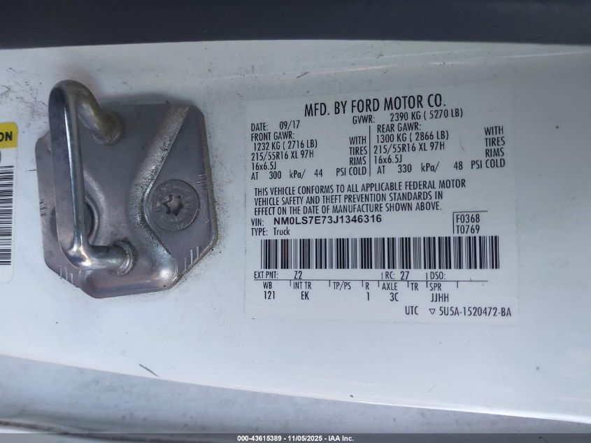 2018 Ford Transit Connect Xl VIN: NM0LS7E73J1346316 Lot: 43615389