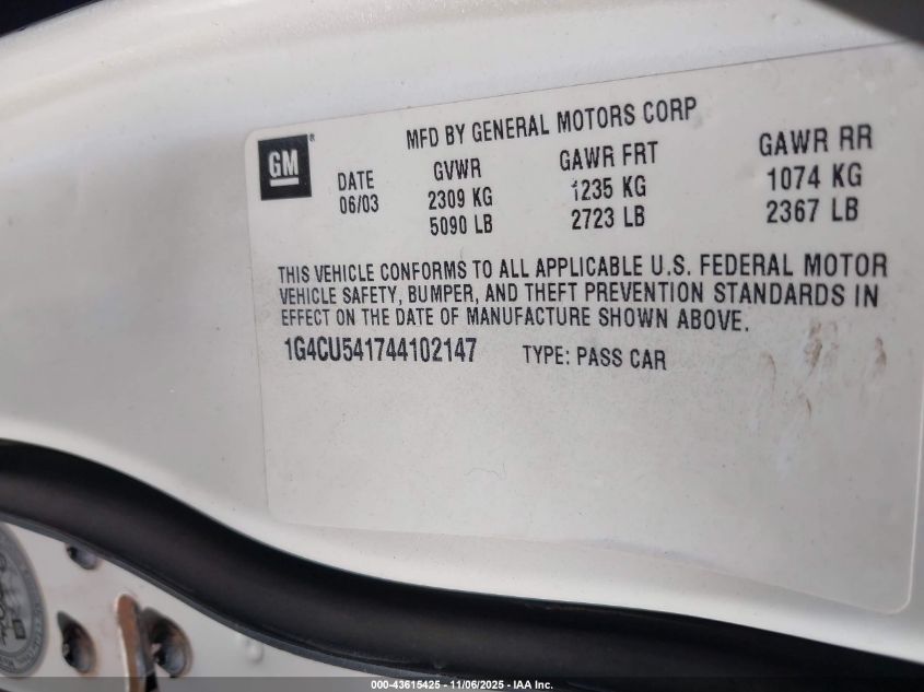 2004 Buick Park Avenue Ultra VIN: 1G4CU541744102147 Lot: 43615425