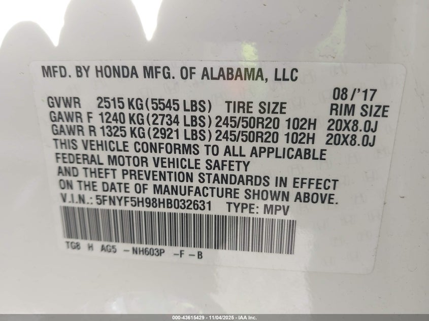 2017 HONDA PILOT TOURING - 5FNYF5H98HB032631