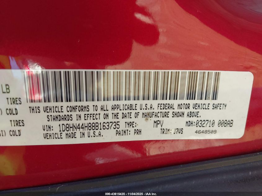 2008 Dodge Grand Caravan Se VIN: 1D8HN44H88B163735 Lot: 43615435