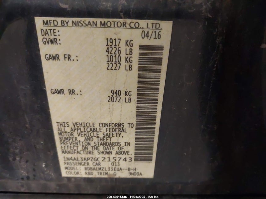 2016 NISSAN ALTIMA 2.5 SV 1N4AL3AP2GC215743