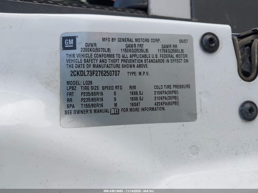 2007 Pontiac Torrent VIN: 2CKDL73F276250707 Lot: 43615465