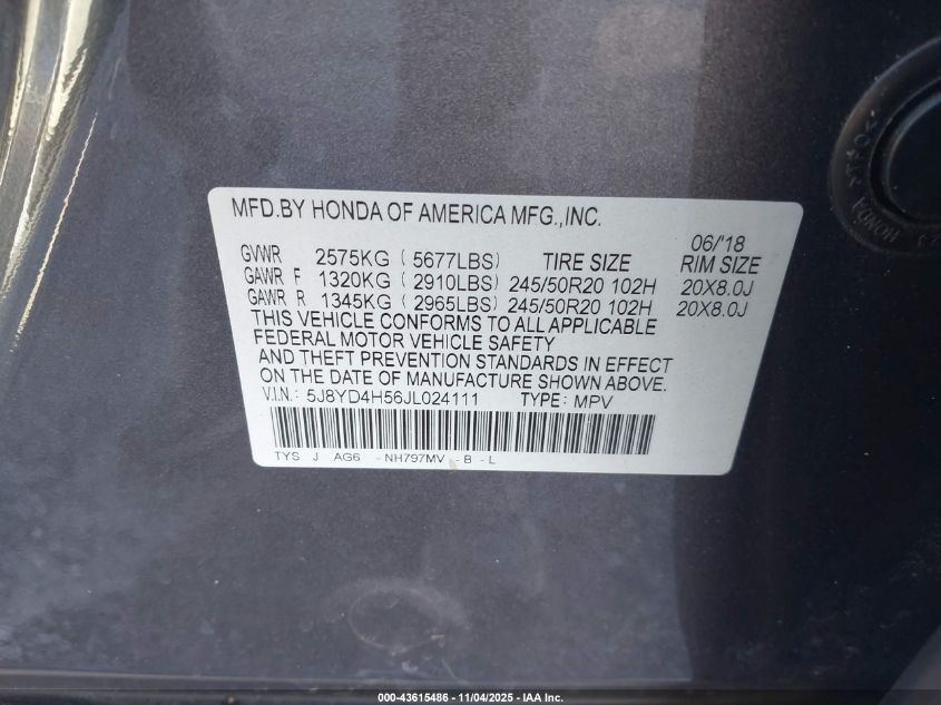 2018 Acura Mdx Technology Package Acurawatch Plus Pkg VIN: 5J8YD4H56JL024111 Lot: 43615486