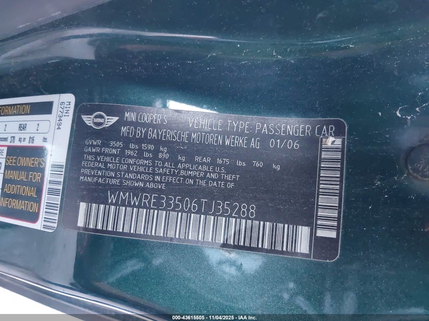 2006 Mini Cooper S VIN: WMWRE33506TJ35288 Lot: 43615505