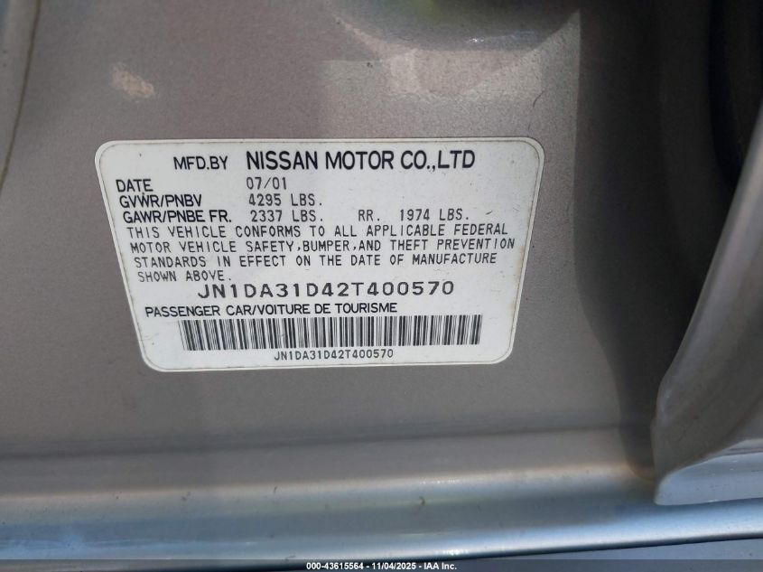 2002 Nissan Maxima Se VIN: JN1DA31D42T400570 Lot: 43615564