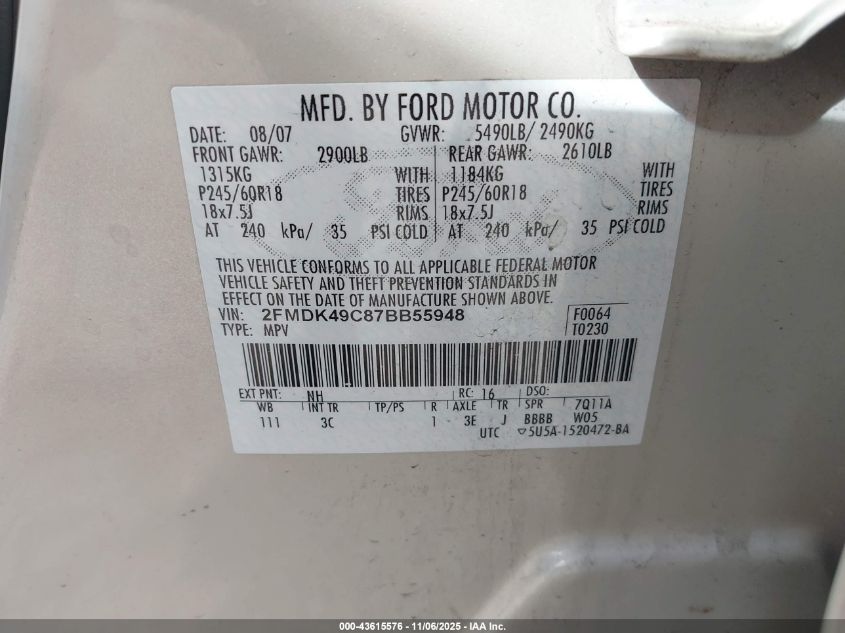 2007 Ford Edge VIN: 2FMDK49C87BB55948 Lot: 43615576