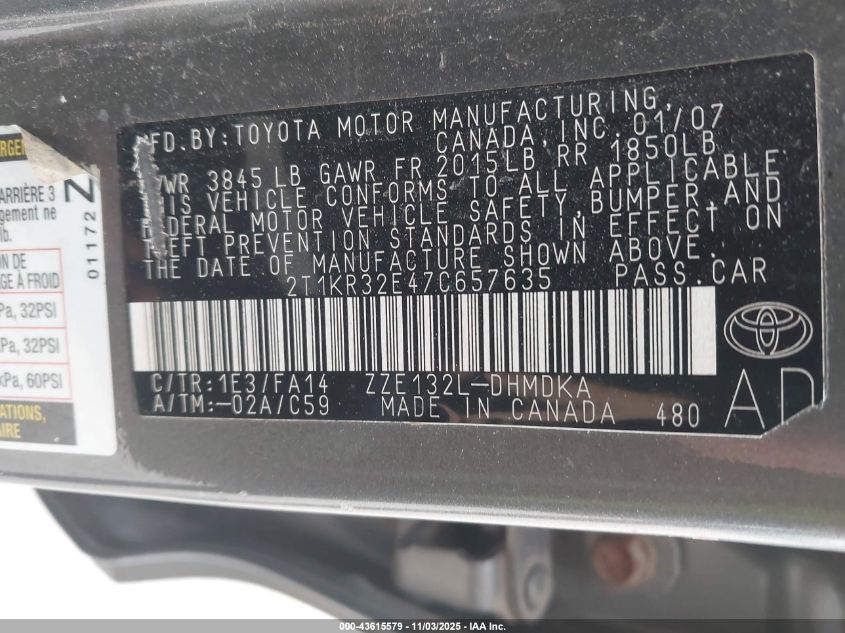 2007 Toyota Matrix VIN: 2T1KR32E47C657635 Lot: 43615579