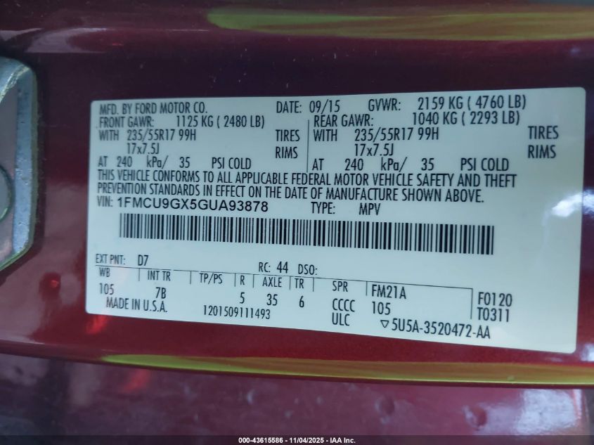 2016 Ford Escape Se VIN: 1FMCU9GX5GUA93878 Lot: 43615586