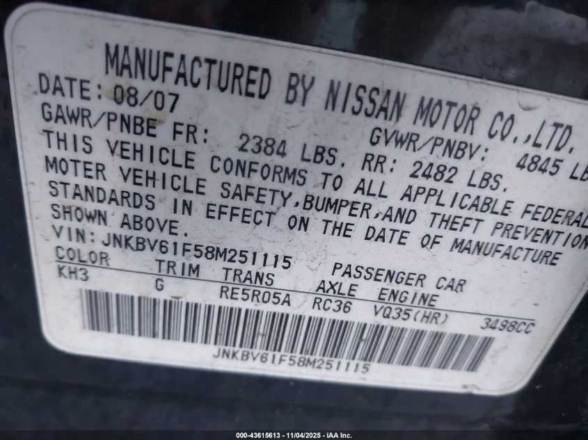 2008 Infiniti G35X VIN: JNKBV61F58M251115 Lot: 43615613