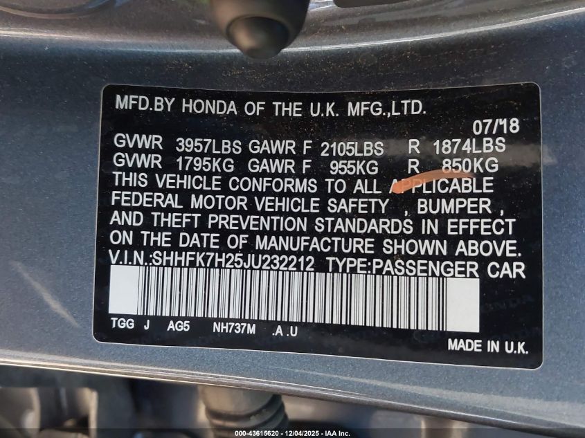 2018 Honda Civic Lx VIN: SHHFK7H25JU232212 Lot: 43615620