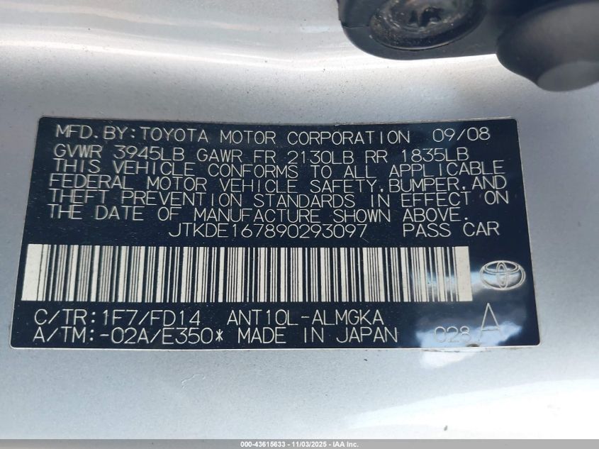 2009 Scion Tc VIN: JTKDE167890293097 Lot: 43615633