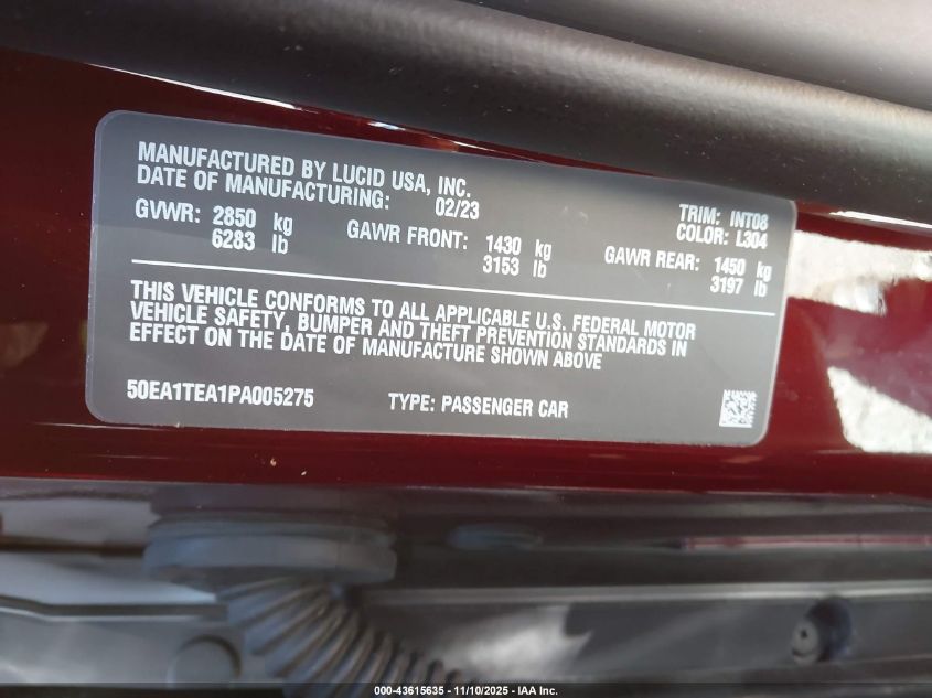 2023 Lucid Air Touring VIN: 50EA1TEA1PA005275 Lot: 43615635