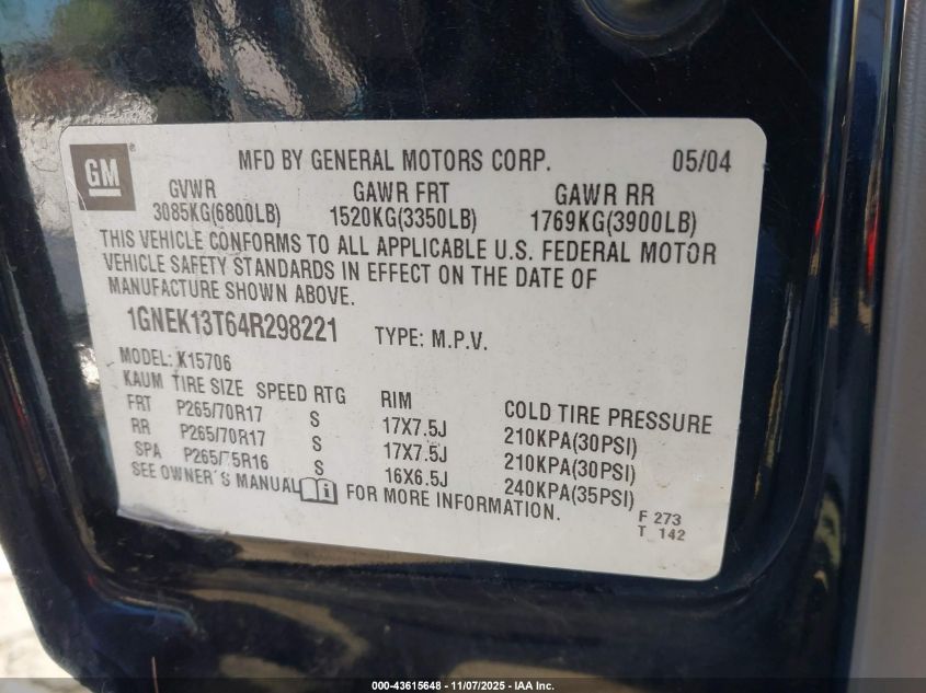 2004 Chevrolet Tahoe Z71 VIN: 1GNEK13T64R298221 Lot: 43615648