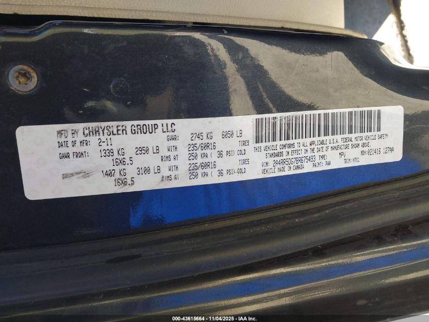 2011 Chrysler Town & Country Touring VIN: 2A4RR5DG7BR675493 Lot: 43615664