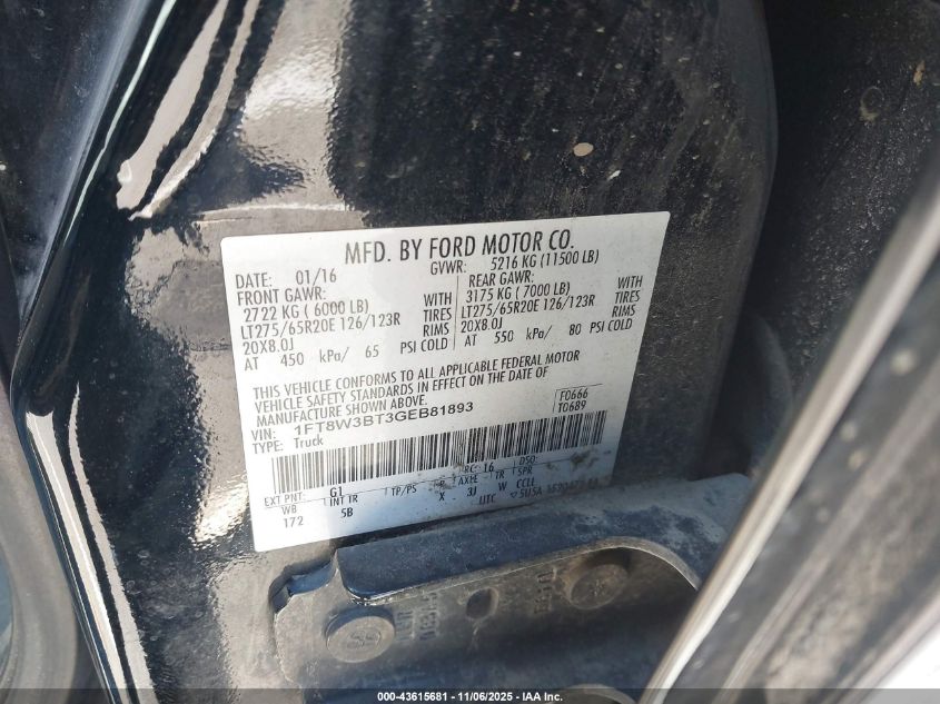 2016 Ford F-350 Lariat VIN: 1FT8W3BT3GEB81893 Lot: 43615681