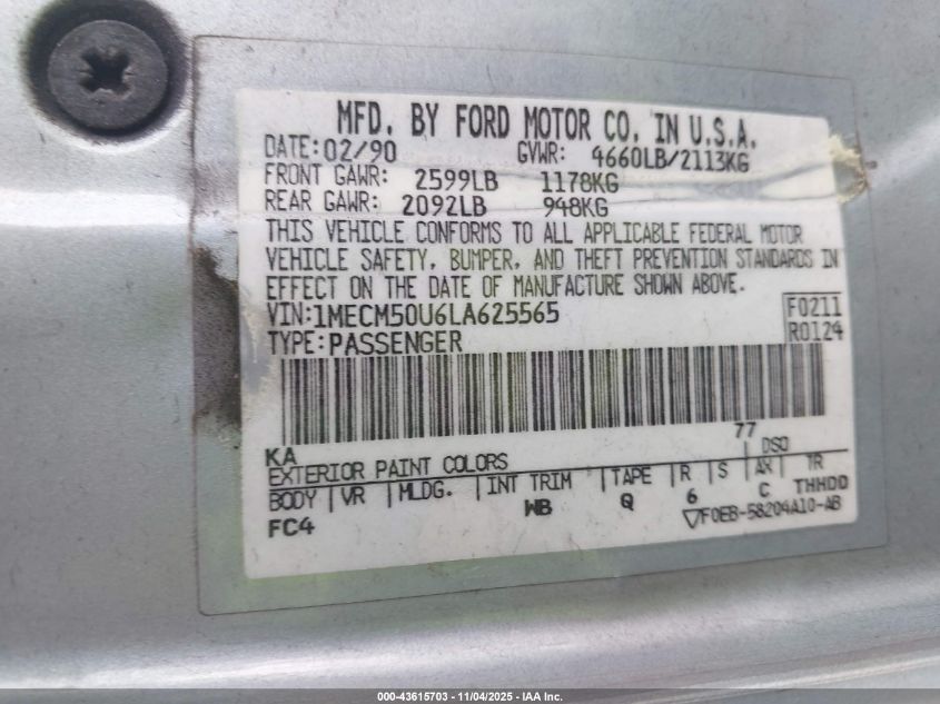 1990 Mercury Sable Gs VIN: 1MECM50U6LA625565 Lot: 43615703