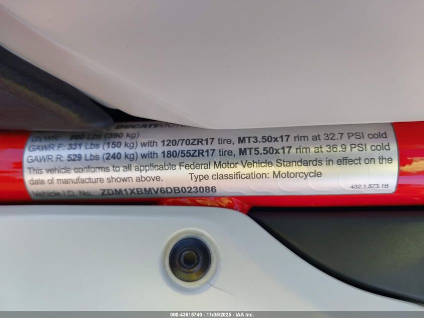 2013 Ducati Superbike 848/848 Evo Corse Se VIN: ZDM1XBMV6DB023086 Lot: 43615740