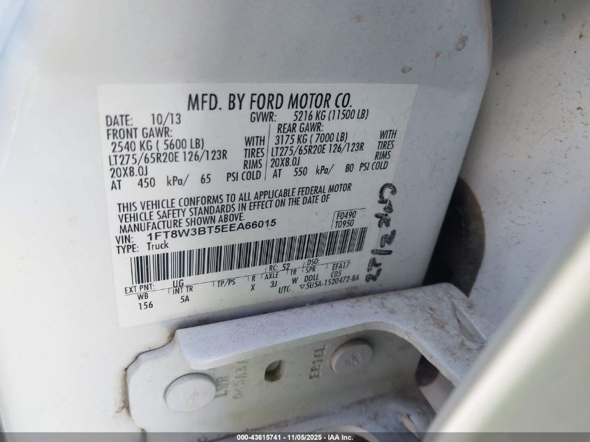 2014 Ford F-350 Lariat VIN: 1FT8W3BT5EEA66015 Lot: 43615741