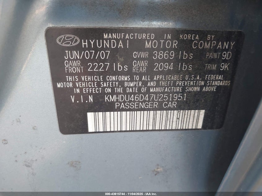 KMHDU46D47U251951 2007 HYUNDAI ELANTRA photo no. 9