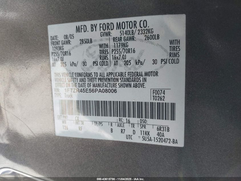 2006 Ford Ranger Fx4 Level Ii/Fx4 Off-Road/Sport/Xlt VIN: 1FTZR45E56PA08006 Lot: 43615756