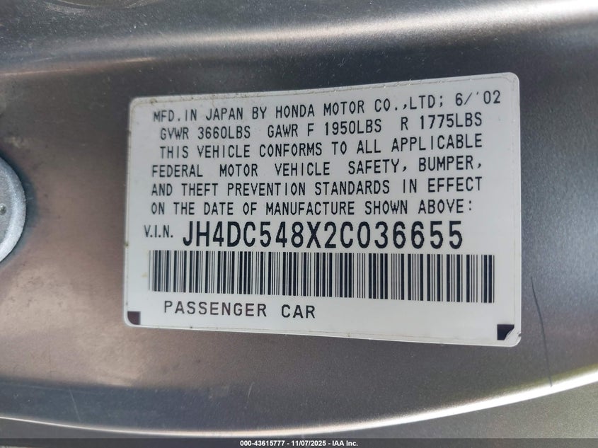 2002 Acura Rsx VIN: JH4DC548X2C036655 Lot: 43615777