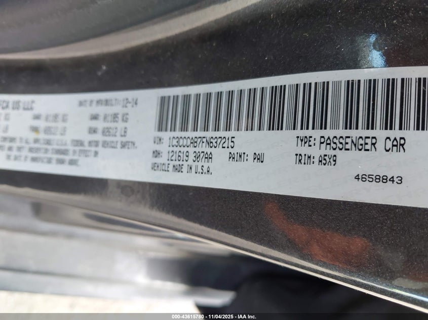 2015 Chrysler 200 Limited VIN: 1C3CCCAB7FN637215 Lot: 43615780