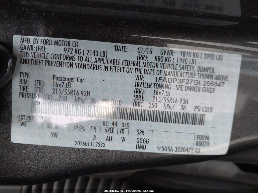 2016 FORD FOCUS SE 1FADP3F27GL266847