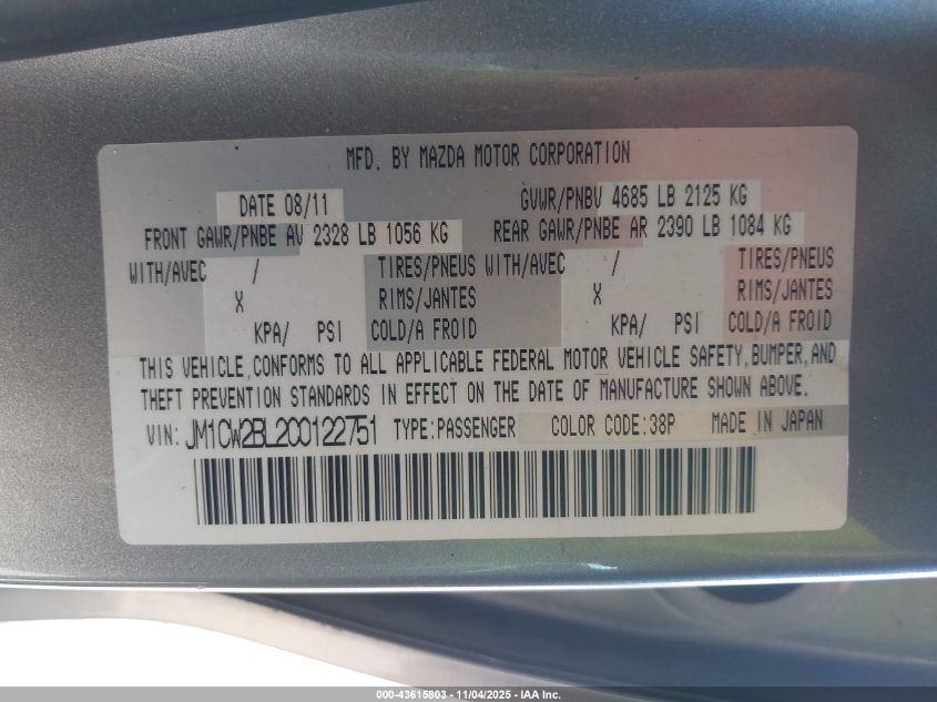 2012 Mazda Mazda5 Sport VIN: JM1CW2BL2C0122751 Lot: 43615803