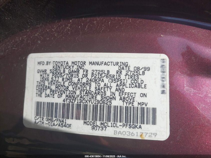 2000 Toyota Sienna Le VIN: 4T3ZF13CXYU190625 Lot: 43615804