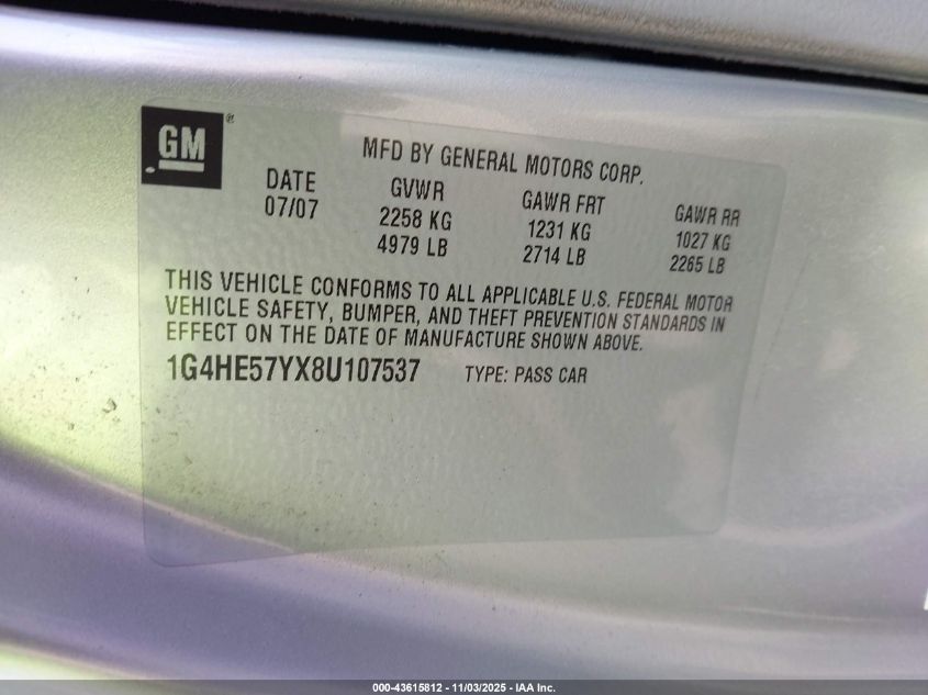 2008 Buick Lucerne Cxs VIN: 1G4HE57YX8U107537 Lot: 43615812