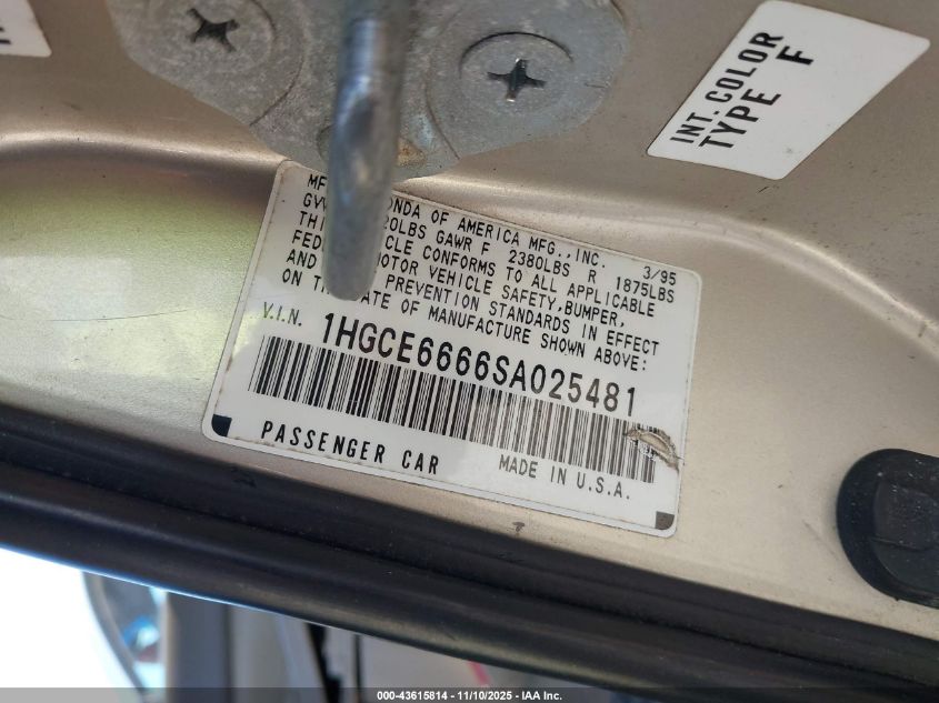 1995 Honda Accord Ex VIN: 1HGCE6666SA025481 Lot: 43615814