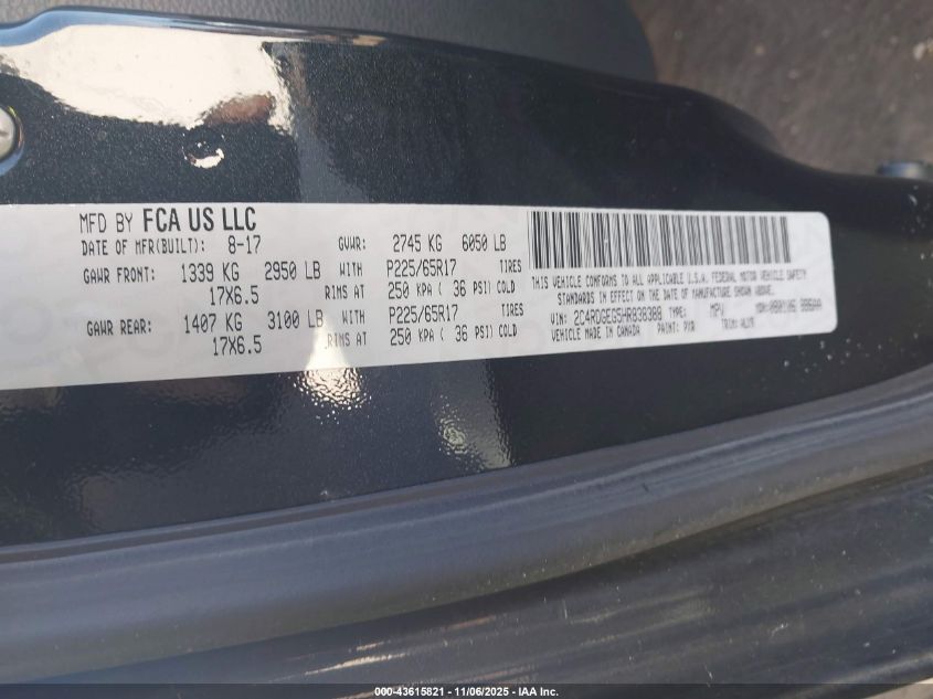 2017 Dodge Grand Caravan Gt VIN: 2C4RDGEG5HR838388 Lot: 43615821